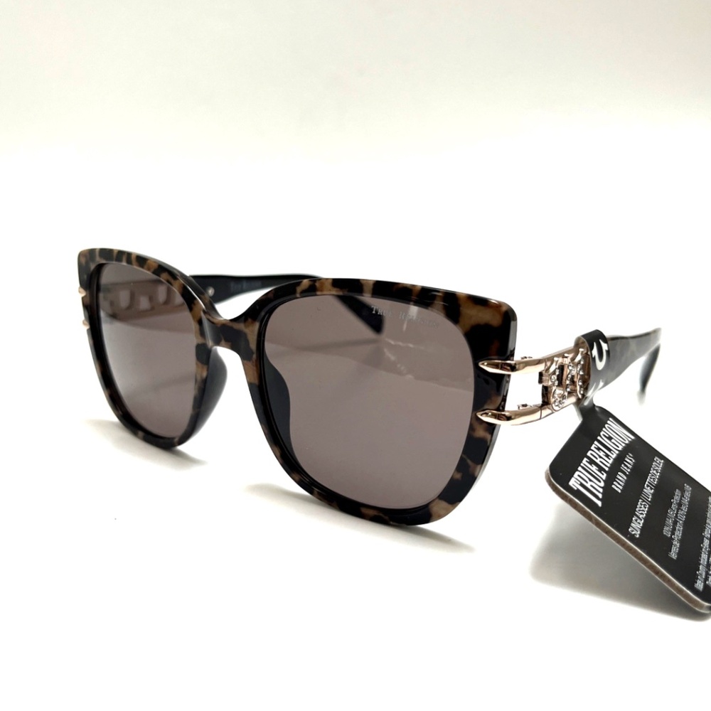 New TRUE RELIGION Leopard Cat Eye Rhinestones Sunglasses Acetate Logo Gold